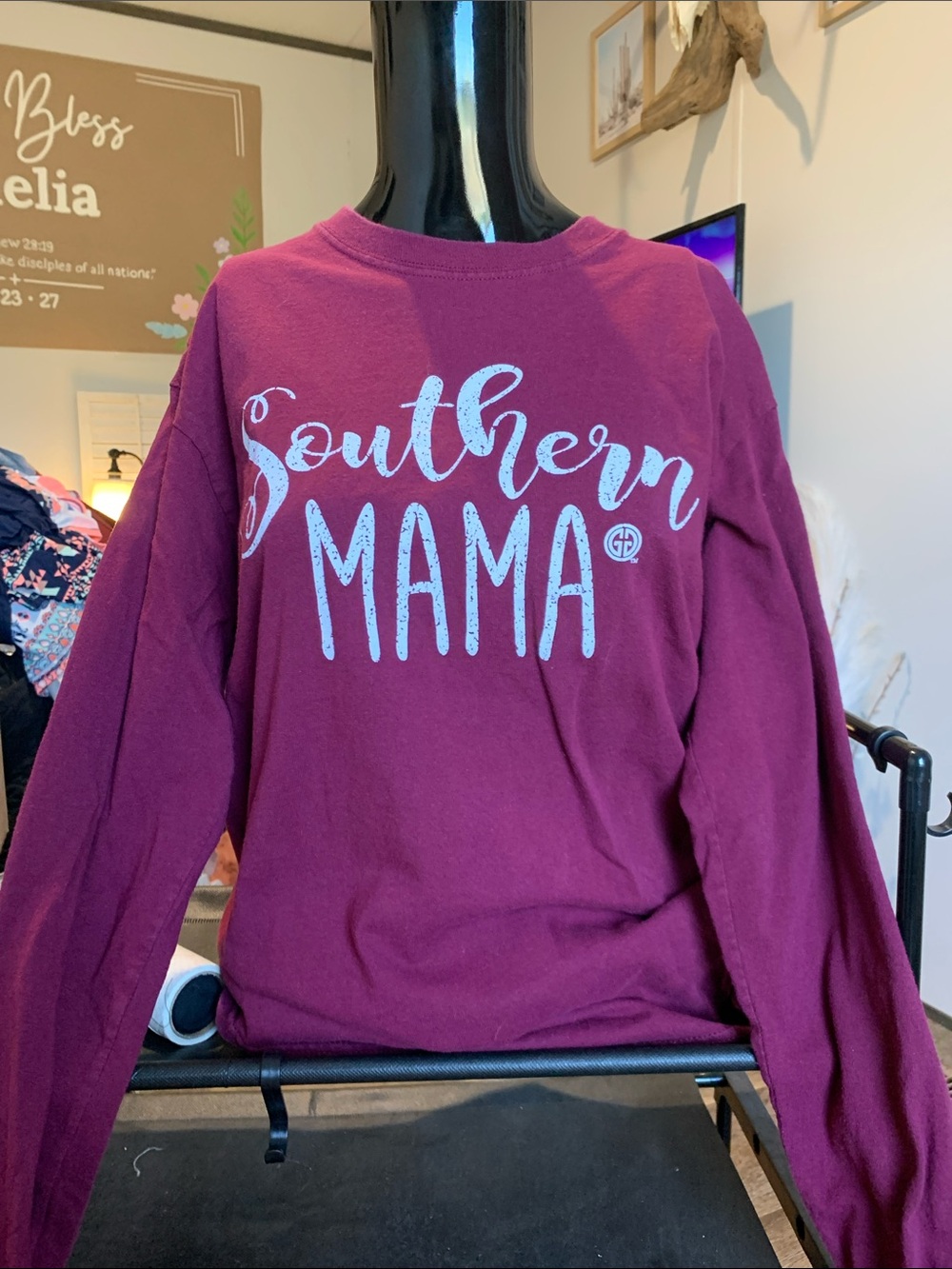 #97 Long-Sleeve 'Southern Mama' Tee — Burgundy with White Print